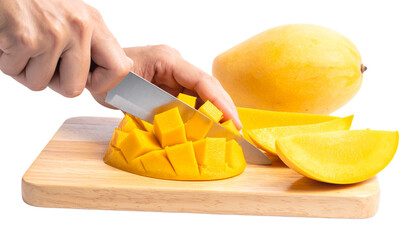 Slicing fresh mangoes for delicious summer treats isolated on white Bg 