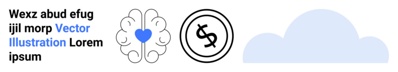 Brain with a heart symbol, dollar sign in a circle, and cloud shape signifying ideas, money, and technology. Ideal for mental health, finance, innovation, cloud storage education creativity
