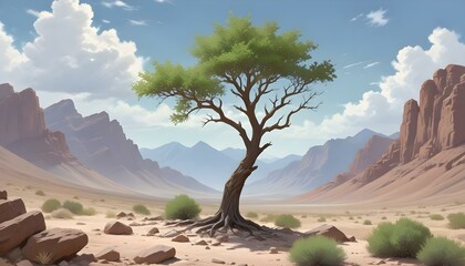 A resilient tree in a vast desert landscape under a bright, clear sky, a scenic view.