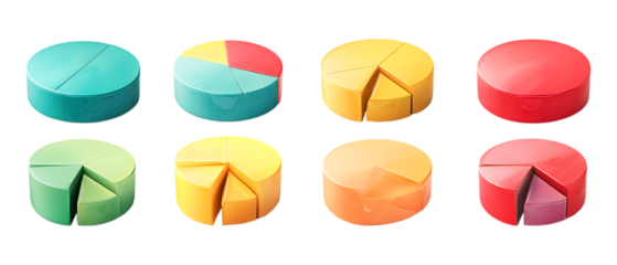 Pack of Pie Charts in Five Different Poses Against Transparent Background for Business Analytics, Infographic Design, or Presentation Projects