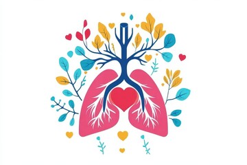 Colorful Artistic Representation of Lungs with Plants and Hearts