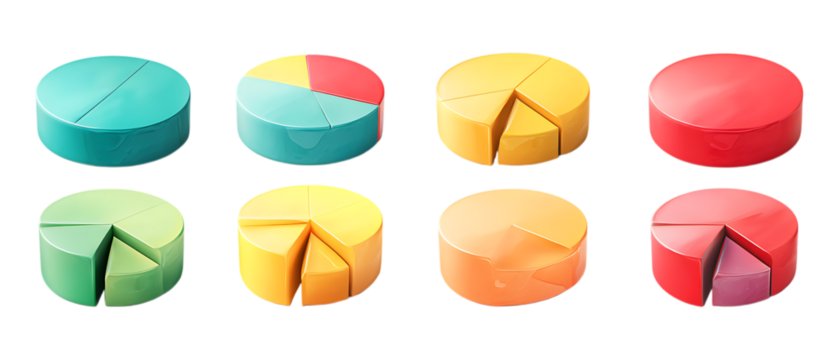 Pack of Pie Charts in Five Different Poses Against Transparent Background for Business Analytics, Infographic Design, or Presentation Projects