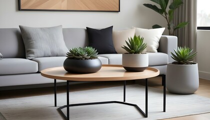 A beautifully designed living room scene with succulent plants and modern furniture.