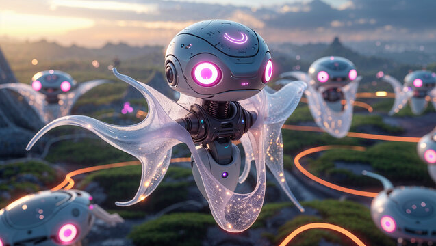 Futuristic robotic jellyfish drones floating above an alien landscape at sunset