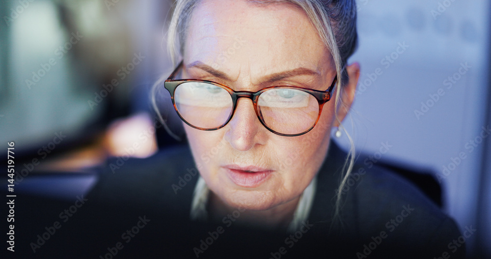 Poster Business, glasses and woman in office, reflection and serious with coding, software update and deadline. Mature person, programmer and employee in workplace, eyewear and problem solving with decision