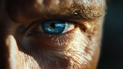 Extreme close-up on a blue eye with sunlit skin and prominent eyelashes. Use this to portray focus, intensity, or deep emotional connection.