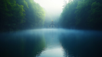 tranquil lake in morning mist with distant temple