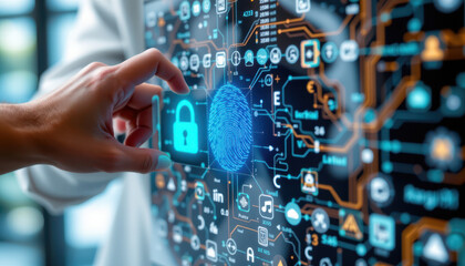 A hand interacts with a digital touchscreen displaying a fingerprint, padlock, and cybersecurity interface.