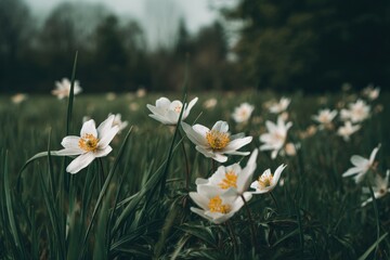 Delicate white wildflowers in a lush green field, bathed in soft, natural light. A serene and peaceful scene.