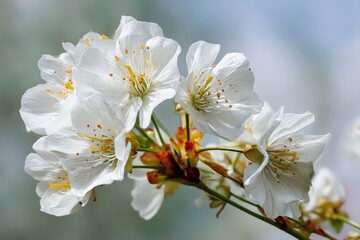 Fototapeta premium Delicate white blossoms on a branch, bathed in soft sunlight. A springtime scene of natural beauty.
