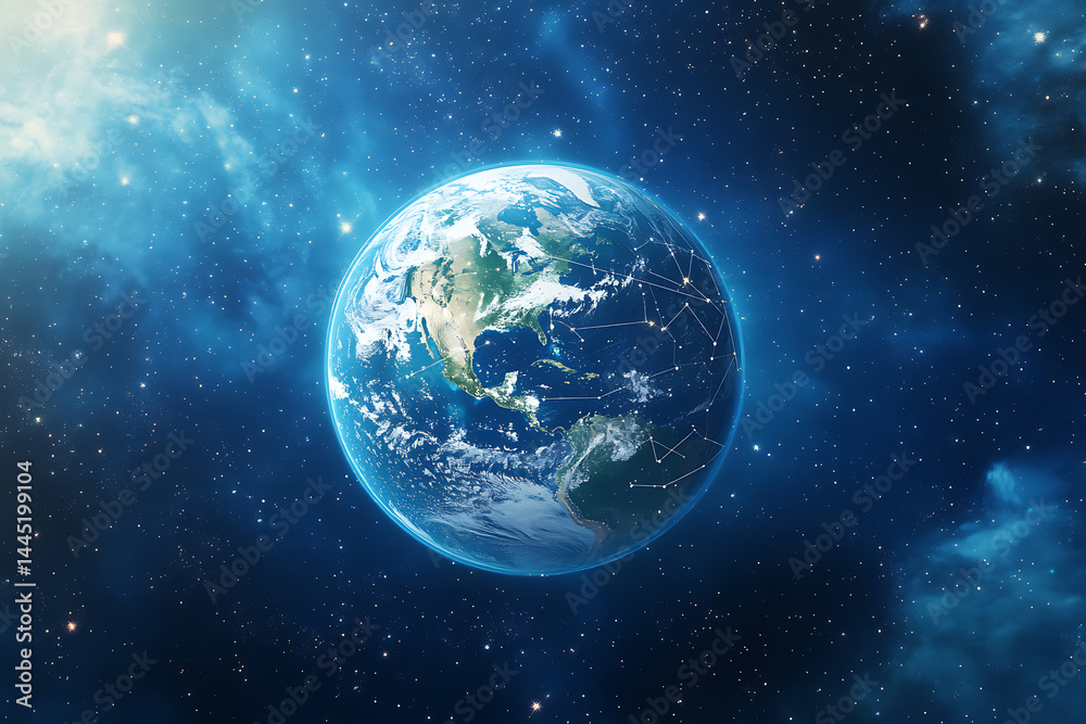 Poster planet earth in space , binary code technology , glowing sphere on black background