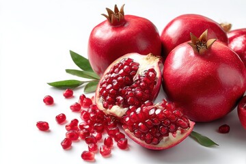 A vibrant image featuring fresh, red pomegranates isolated on a white background.