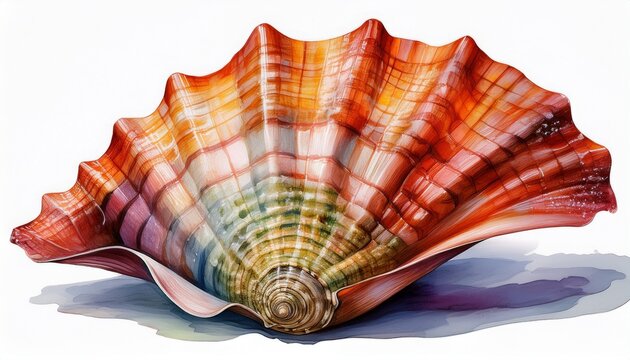 Spiny seashell watercolor illustration, hand painted tropical marine shell, sea animal clip