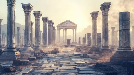 Ancient Ruins Sunlit Pathway to Lost Temple.