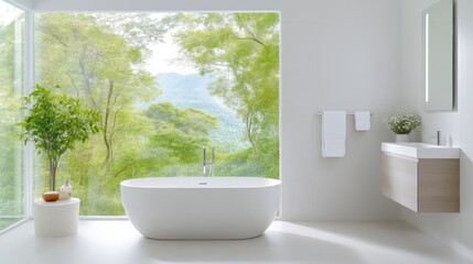 Fototapeta premium Modern freestanding bathtub in a minimalist bathroom with a large window overlooking a lush green forest during the day.