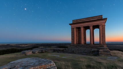 Obraz premium Serene Sunset View of an Ancient Stone Temple overlooking the Ocean under a Starry Sky