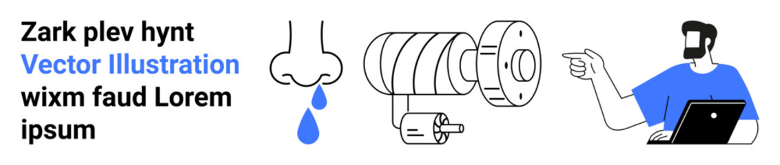 Man with laptop pointing at machinery, nose dripping water nearby, representing technology, health, repair, analysis, problem-solving, science research, and flat landing page banner