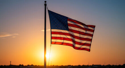 American flag waves in the sunset; patriotic, celebratory, Fourth of July, pride, national pride, holiday, American culture, background, banner, symbol.