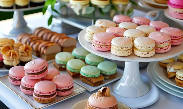 A beautifully arranged table showcases an assortment of delicate macarons in pastel colors alongside various other desserts, perfect for a spring event.