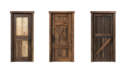 Title: Collection of Rustic Wooden Doors with Varying Designs and Textures in white background