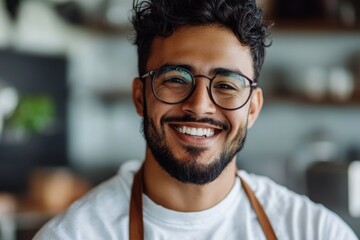 Obraz premium Man with beard, glasses, and apron smiling warmly at the camera. Ideal for depicting friendly service, small business, or positive attitude.