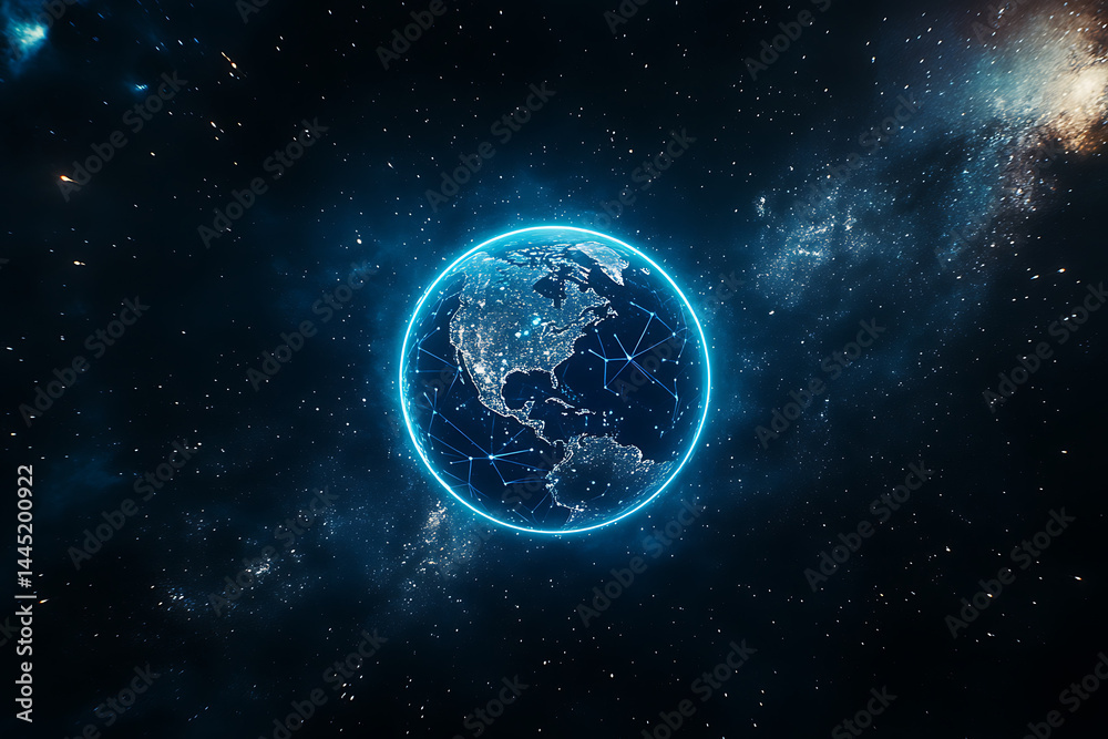 Sticker planet earth in space , binary code technology , glowing sphere on black background
