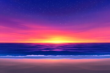 Fototapeta premium Vibrant Sunset over Ocean Beach Scene Peaceful Tropical Evening Sky Stars Seascape