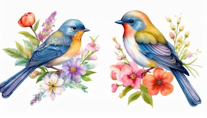 Fototapeta premium Set beautiful spring birds with garden flowers drawn in watercolor on isolated white, Botan