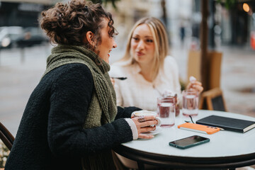 Two friends enjoy a conversation while seated at an outdoor cafe, sharing coffee and warmth on a cool day. Smart phones and notebooks on the table signify a mix of leisure and organization.