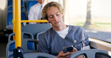 Commute, nurse and phone with man on bus for communication or travel to healthcare job. Public...
