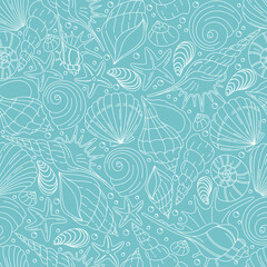Set of marine-themed illustrations with seamless shell pattern and square frames for text. Ideal for summer invitations, cards, packaging, fabric, and beach-style projects.