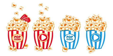 Bucket popcorn icons set. Popular snack for watching movies - popcorn box. Vector illustration.
