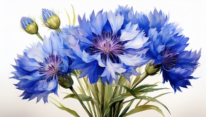 Blue wildflower. Beautiful bouquet of cornflower flowers on isolated white background, wate