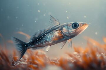 Fototapeta premium A delicate fish glides through clear waters, scales shimmering under soft light, surrounded by wisps of aquatic vegetation, capturing nature’s elegance.