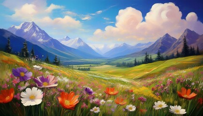 Blooming valley with mountains and wildflowers under soft clouds, spring nature acrylic pai
