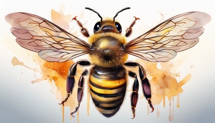 Watercolor honey bee illustration with wings and striped body isolated realistic vintage sc