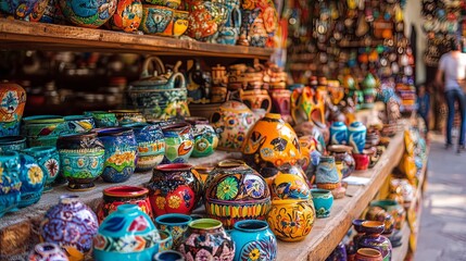 Fototapeta premium Vibrant craft market scene colorful pottery stalls artisan village outdoor setting eye-level view cultural heritage