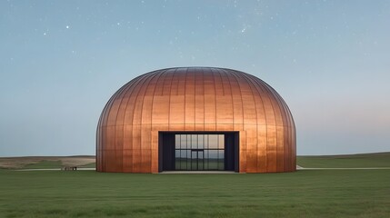 Modern copper dome building architectural design situated in a green field under a twilight sky
