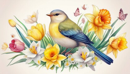 watercolor bird, spring floral bouquet. Delicate songbird and garden flowers, composition w