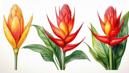 watercolor heliconia tropical flowers set, vibrant red and yellow jungle flora illustration
