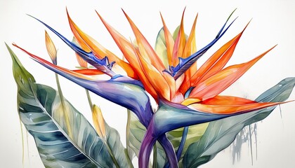 Exotic strelitzia flowers, bird of paradise. Watercolor on white background
