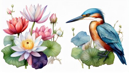 Beautiful birds with bright flowers set. Kingfisher, heron, water lilies and lotuses drawn