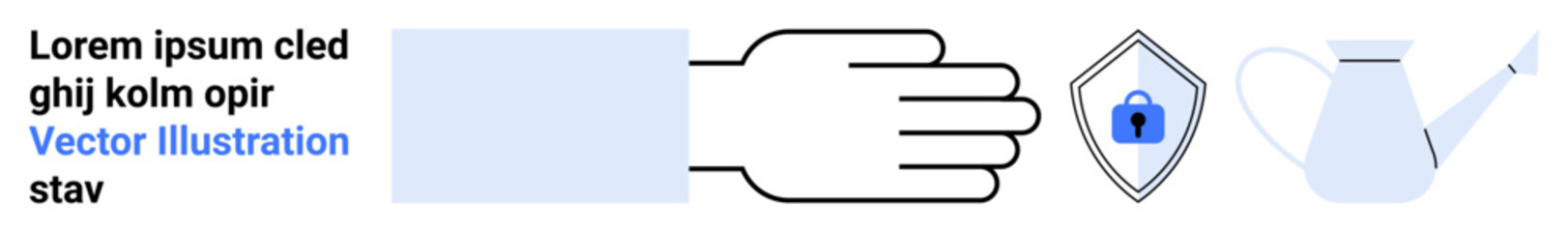 Outstretched hand beside a watering can and shield with padlock. Ideal for safety, growth, nurturing, protection, cybersecurity, sustainability, personal care. Flat landing page banner