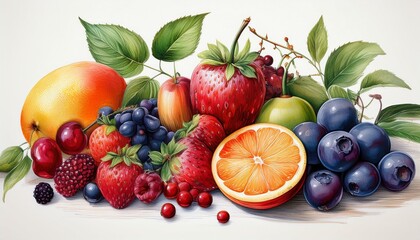 Realistic illustration of fruits and berries isolated on white background Watercolor illust