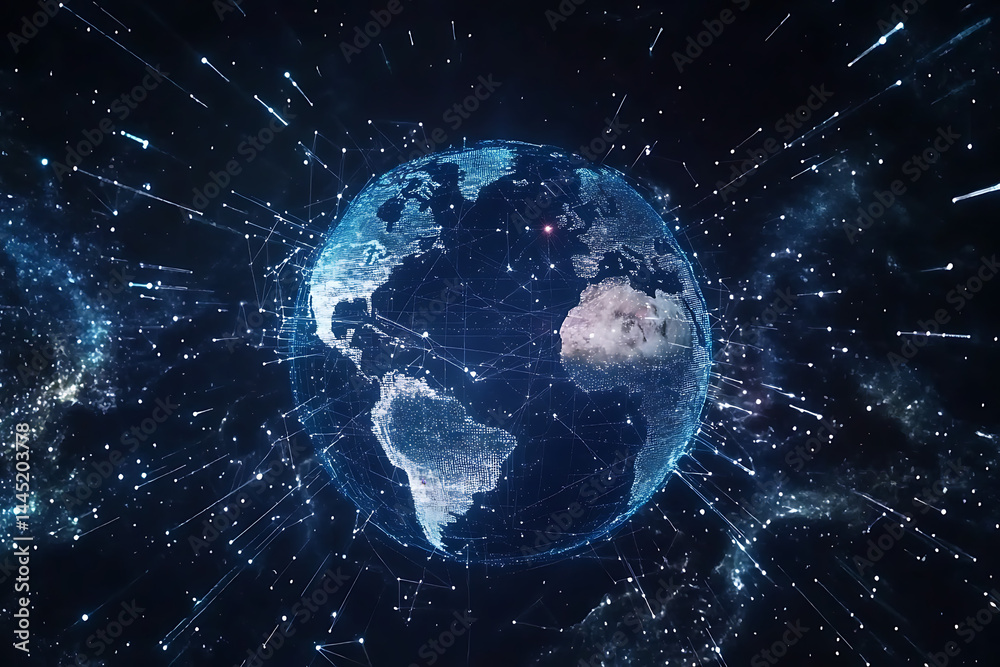 Poster planet earth in space , binary code technology , glowing sphere on black background