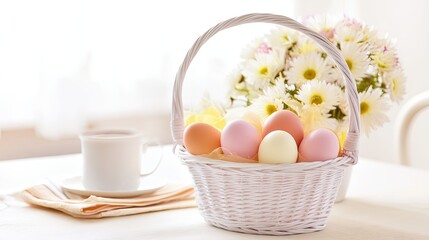 Easter basket with eggs and flowers on a table
