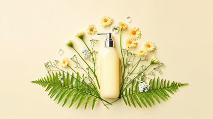 Eco-friendly cosmetic product mockup with a blank beauty bottle, natural green leaves, and flowers