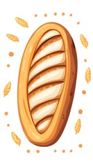 A cartoon illustration of a golden-brown, oblong loaf of bread with diagonal slashes, surrounded by wheat sprigs