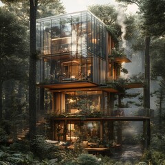 Fototapeta premium Modern Luxury Forest House with Glass Roof and Tree-Integrated Structures – Smart Climate Control and Sustainable Architecture for Eco-Friendly Living, Nature, and High-End Home Design