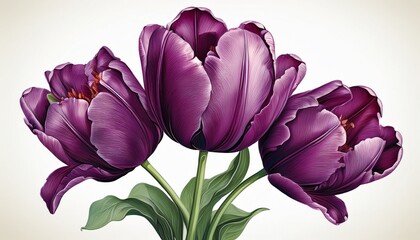 Dark purple parrot tulips, elegant botanical design, hand-painted flowers white background.
